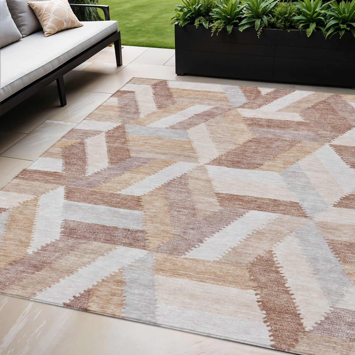 608053 5 x 8 ft. Copper Geometric Washable Indoor & Outdoor Rectangle Area Rug