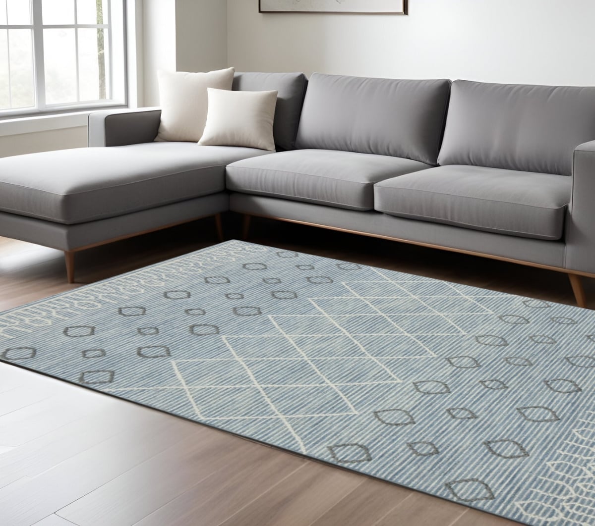 570309 8 x 10 ft. Blue Gray & Ivory Wool Geometric Hand Hooked Rectangle Area Rug
