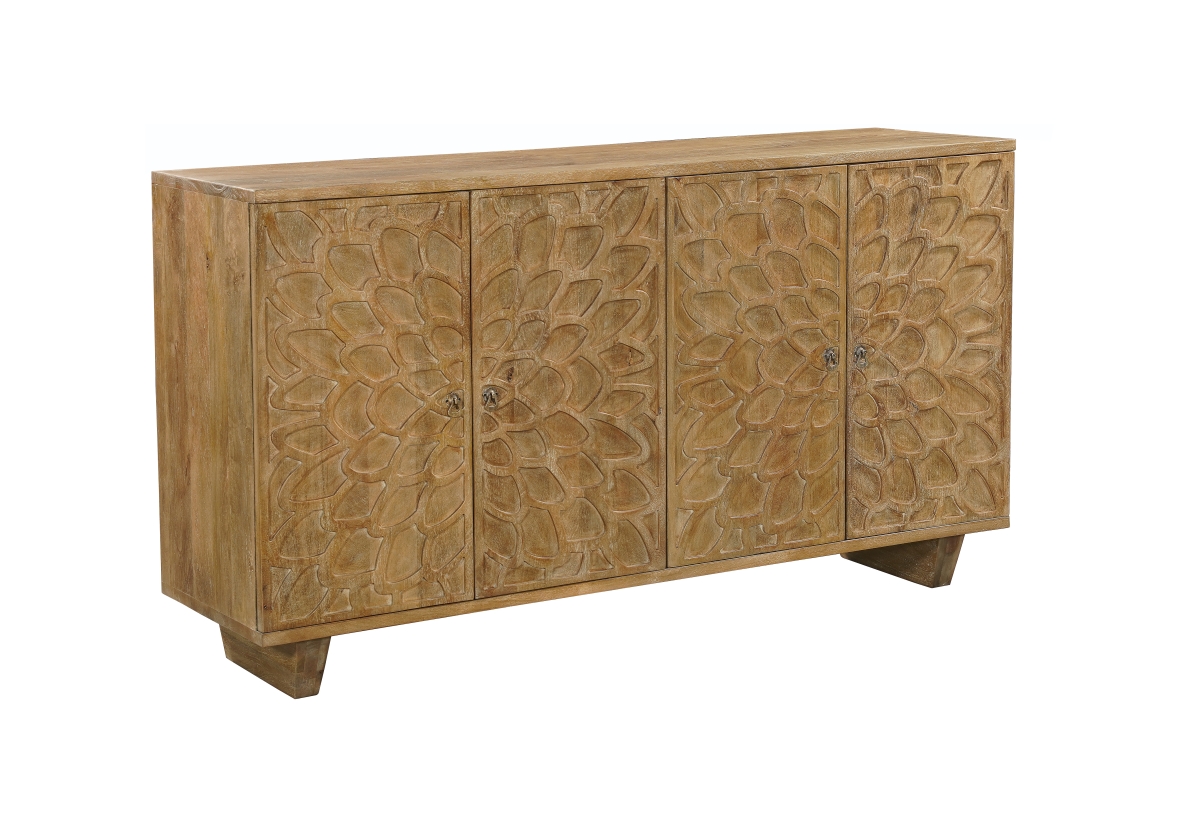 634314 70 in. Brown Distressed Solid Wood Carved Floral Sideboard with Four Doors
