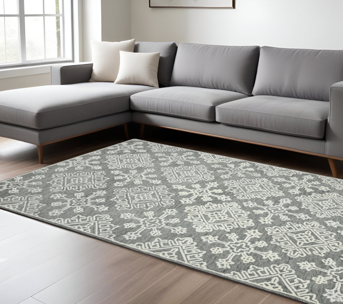 570345 8 x 10 ft. Gray & Ivory Wool Oriental Hand Hooked Rectangle Area Rug