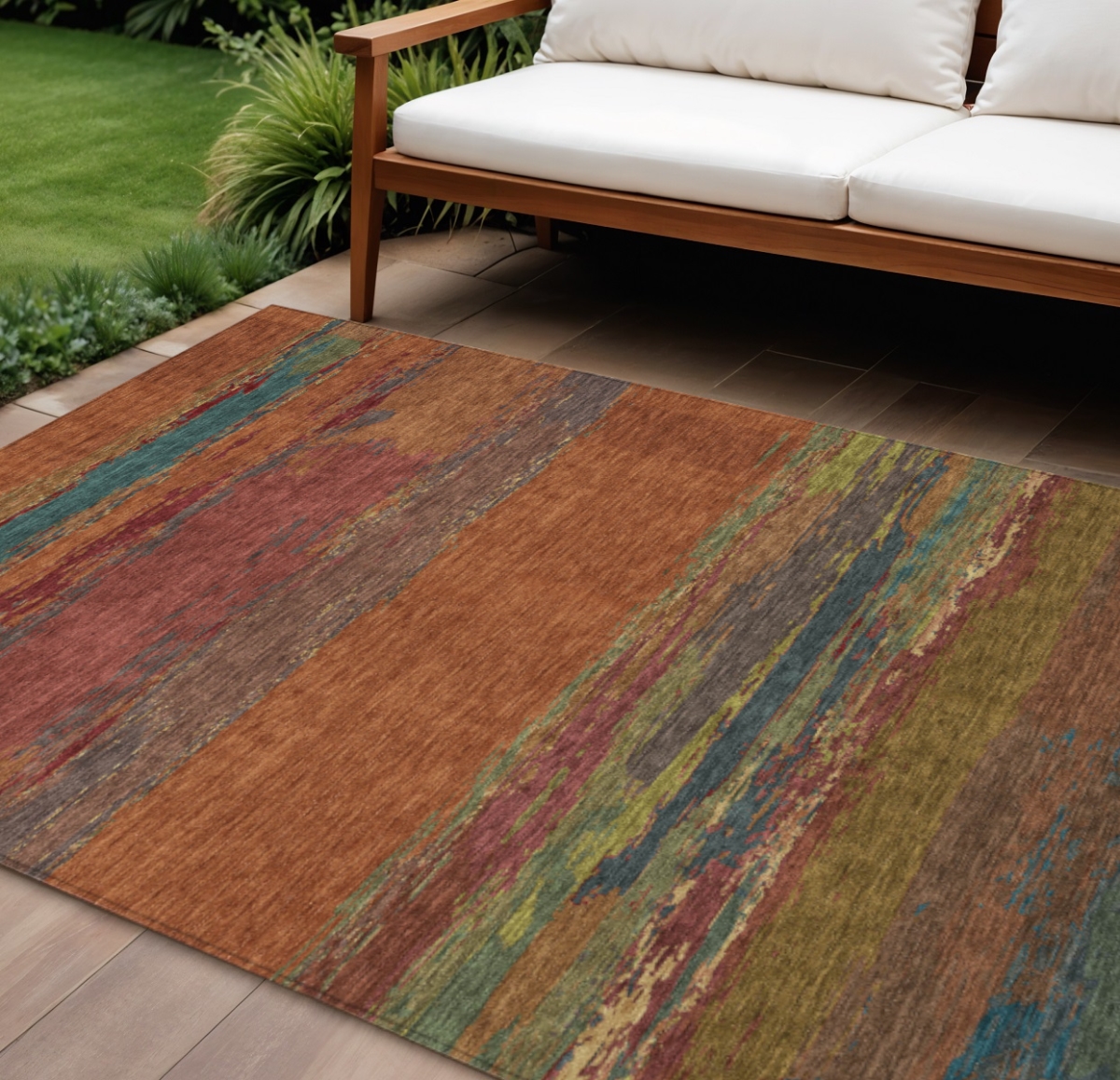 608764 10 x 14 ft. Terra Cotta Abstract Washable Indoor & Outdoor Rectangle Area Rug