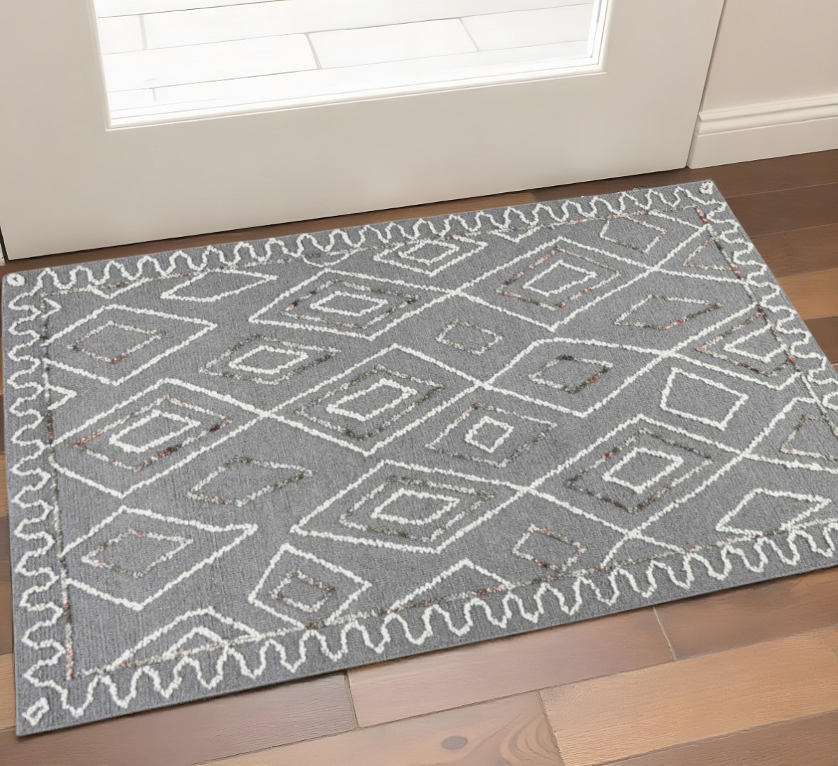 570335 2 x 3 ft. Dark Gray Ivory & Rust Wool Geometric Hand Hooked Rectangle Area Rug