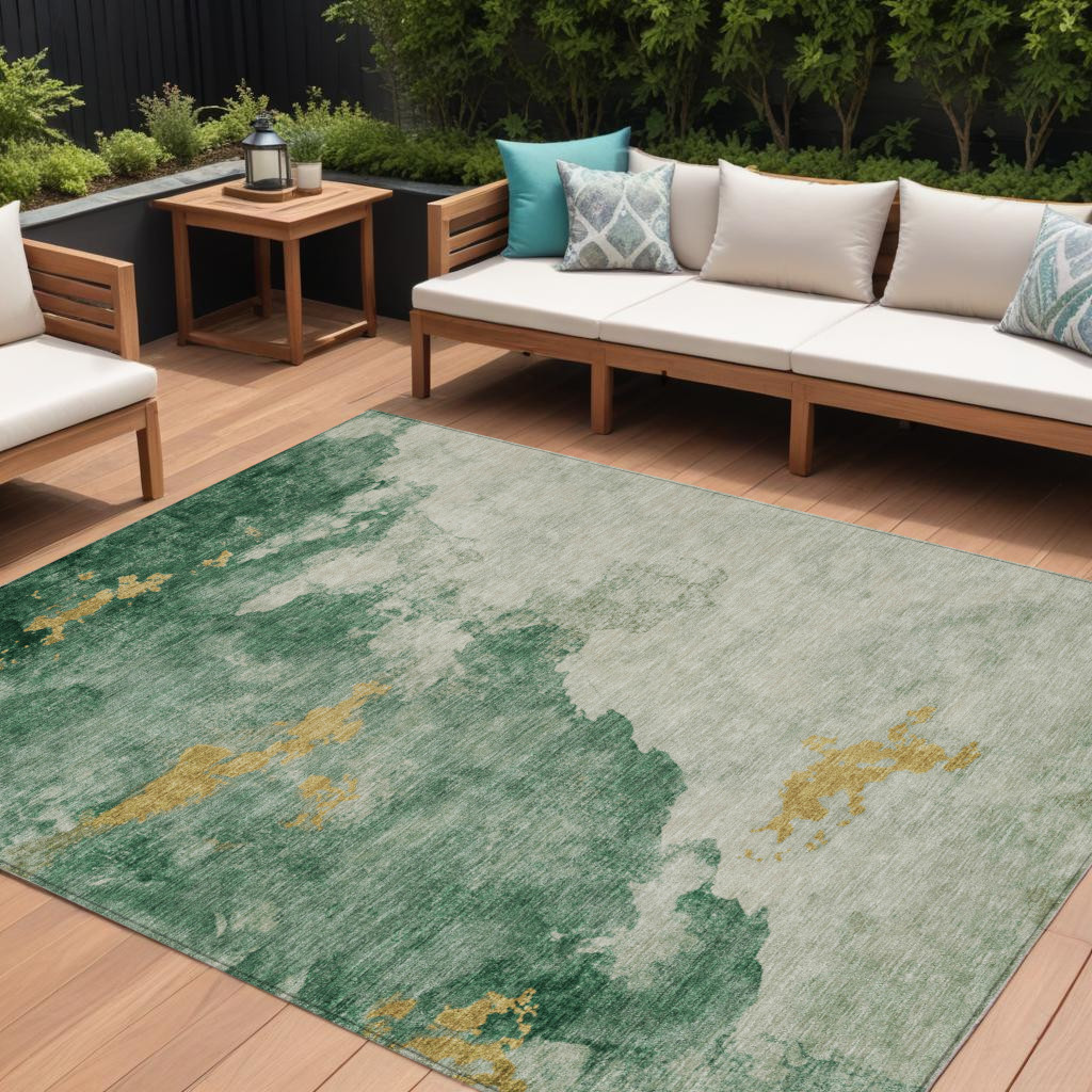 631806 8 x 10 ft. Emerald & Gold Abstract Washable Indoor & Outdoor Rectangle Area Rug