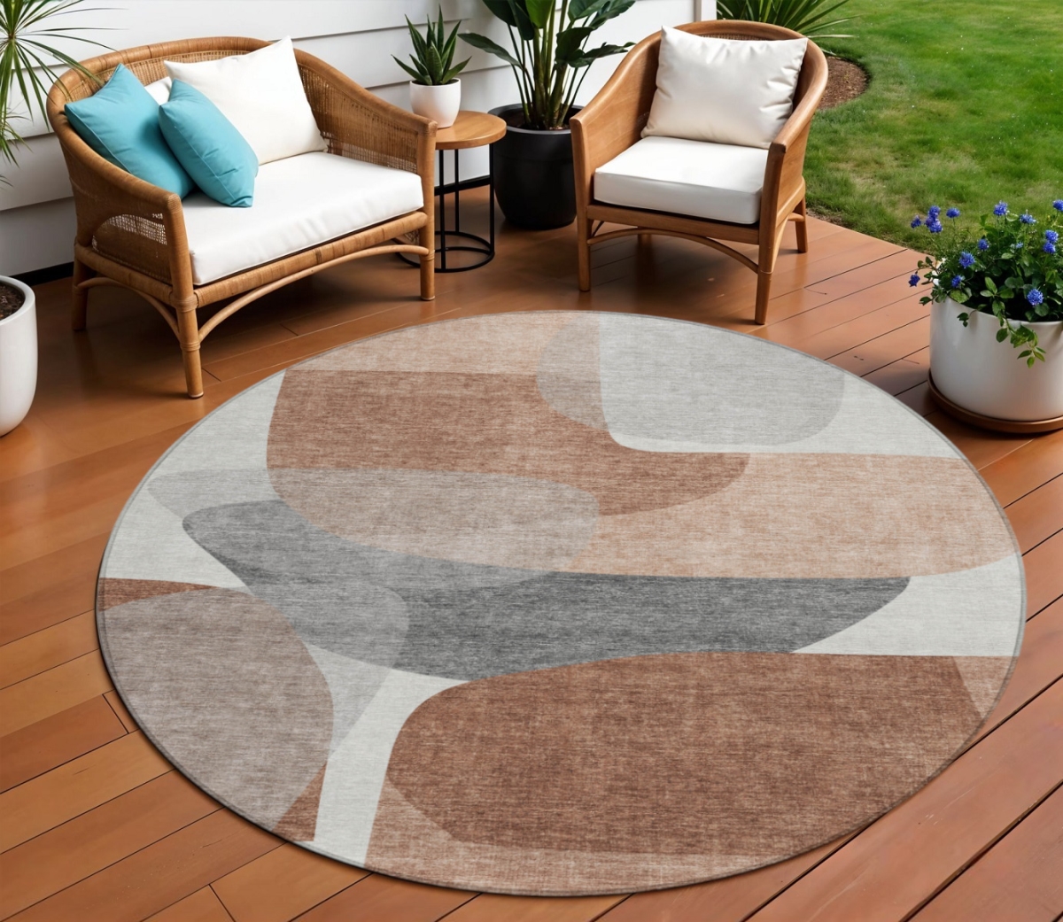 632175 8 ft. Rust & Gray Round Abstract Washable Indoor & Outdoor Area Rug