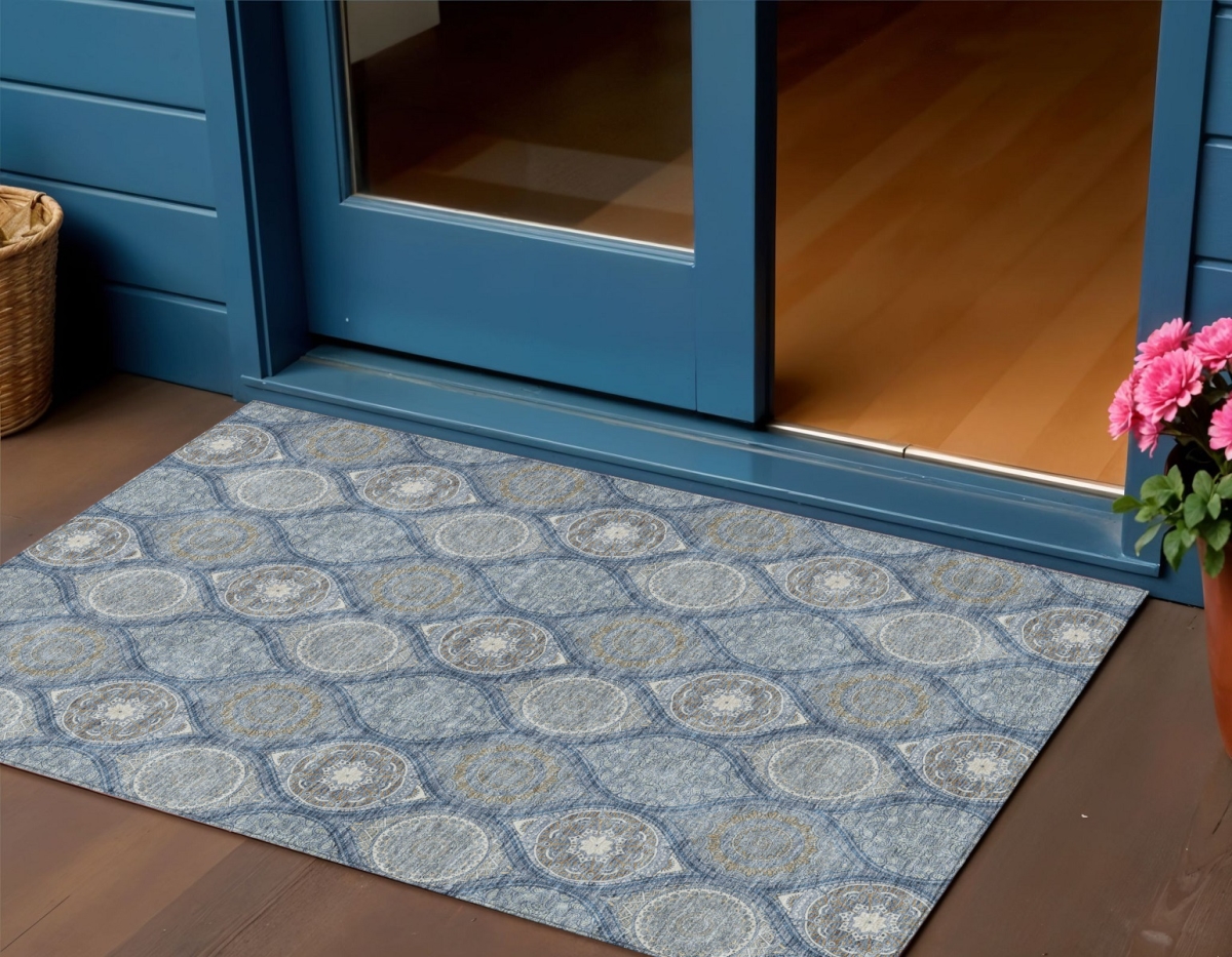 614605 3 x 5 ft. Navy Blue Ivory & Taupe Floral Medallion Washable Indoor & Outdoor Rectangle Area Rug
