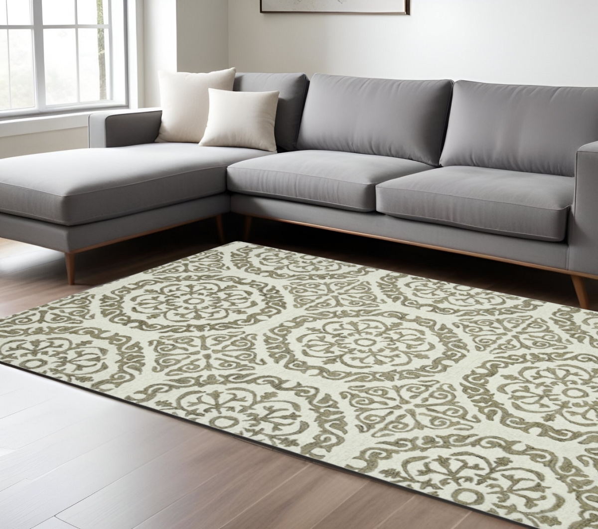 570341 8 x 10 ft. Ivory & Light Brown Wool Medallion Hand Hooked Rectangle Area Rug