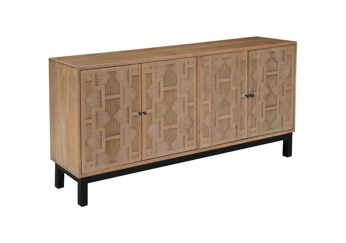 634315 80 in. Brown Solid Wood Carved Geometric Sideboard with Four Doors