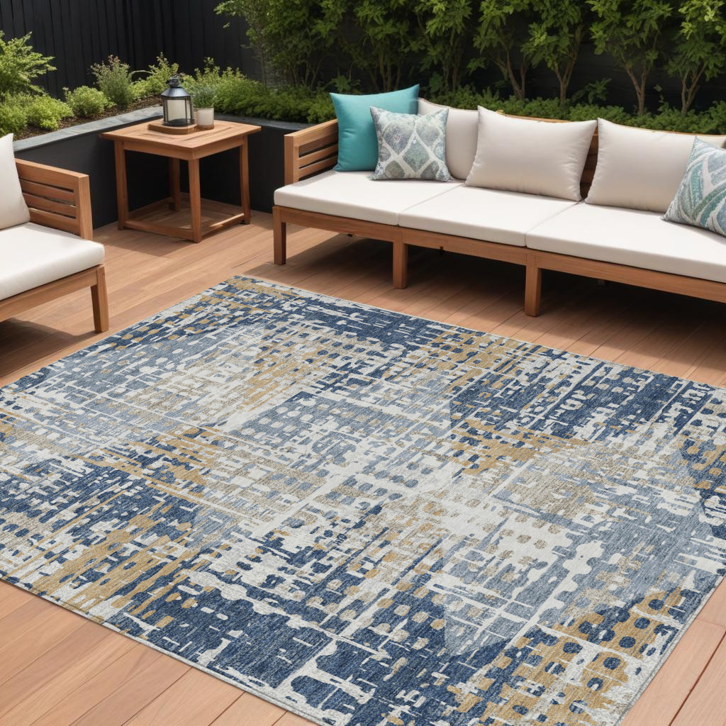 632010 10 x 14 ft. Navy Blue & Beige Geometric Washable Indoor & Outdoor Rectangle Area Rug