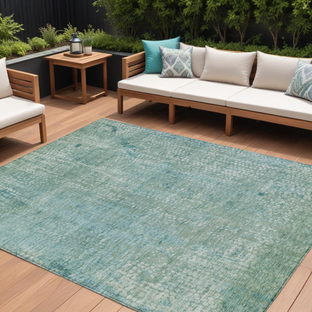 631075 9 x 12 ft. Teal Blue & Ivory Abstract Washable Indoor & Outdoor Rectangle Area Rug
