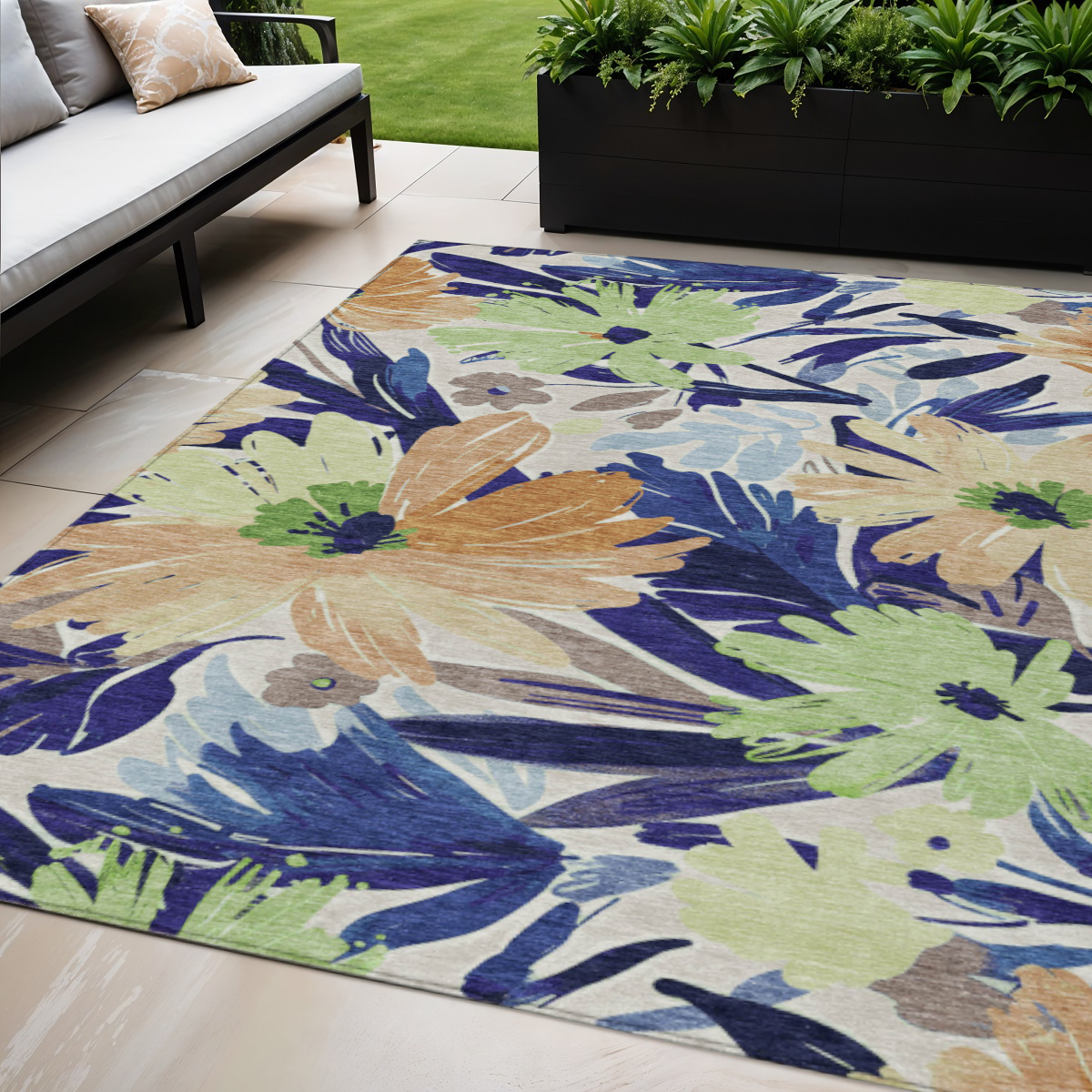 610987 5 x 8 ft. Navy Blue & Beige Floral Washable Indoor & Outdoor Rectangle Area Rug