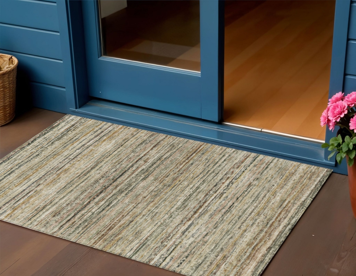 607950 3 x 5 ft. Beige Striped Washable Indoor & Outdoor Rectangle Area Rug