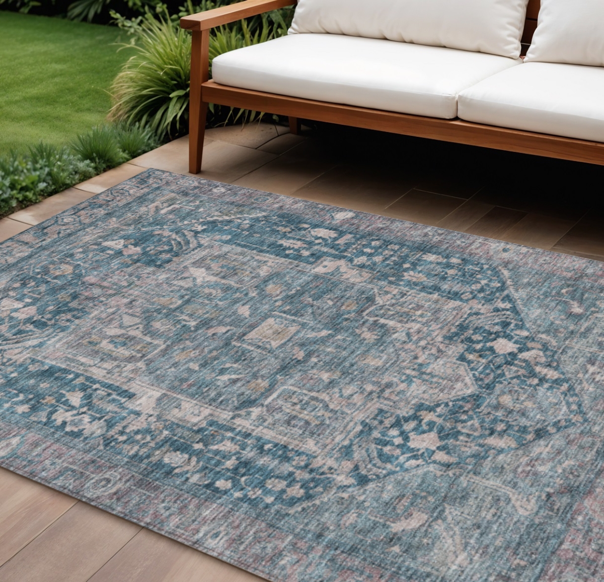 608001 8 x 10 ft. Blue Medallion Washable Indoor & Outdoor Rectangle Area Rug