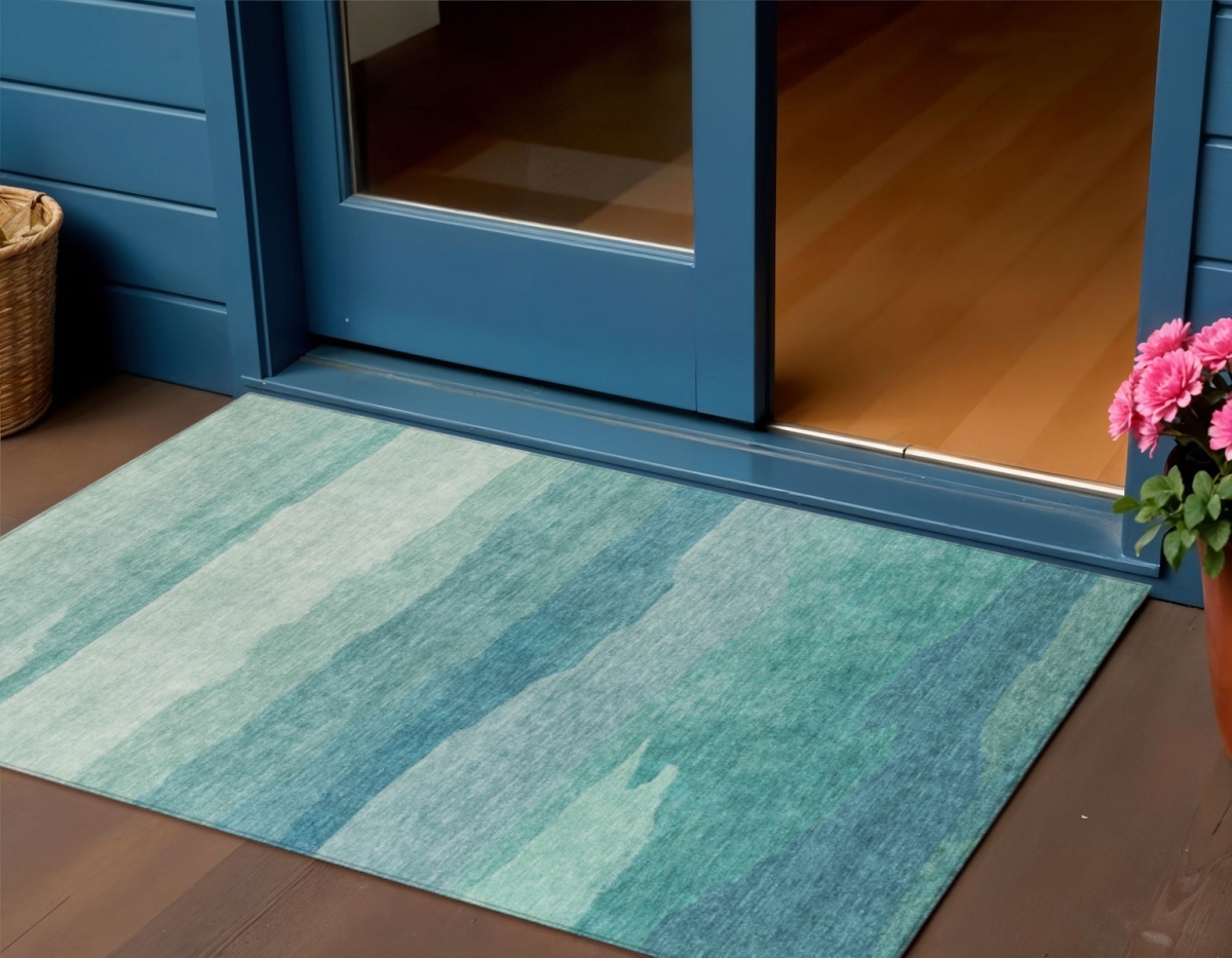 608151 3 x 5 ft. Turquoise Striped Washable Indoor & Outdoor Rectangle Area Rug