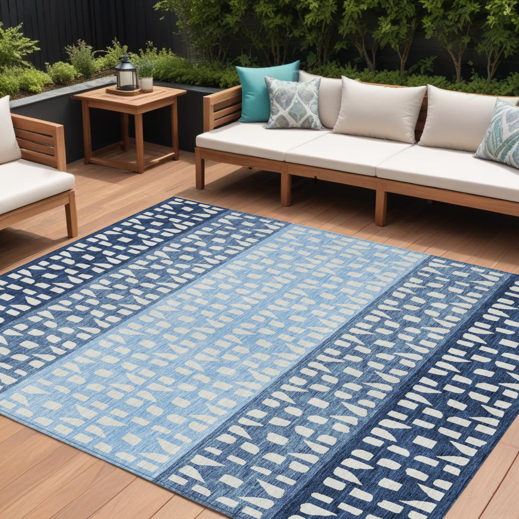 613829 9 x 12 ft. Blue Sky Blue & Ivory Geometric Washable Indoor & Outdoor Rectangle Area Rug
