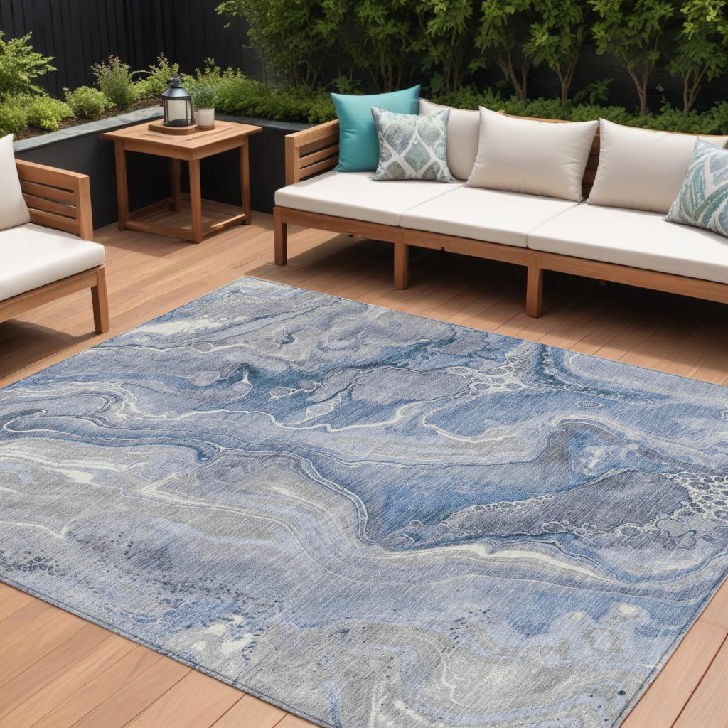617599 8 x 10 ft. Denim Blue & Ivory Abstract Washable Indoor & Outdoor Rectangle Area Rug