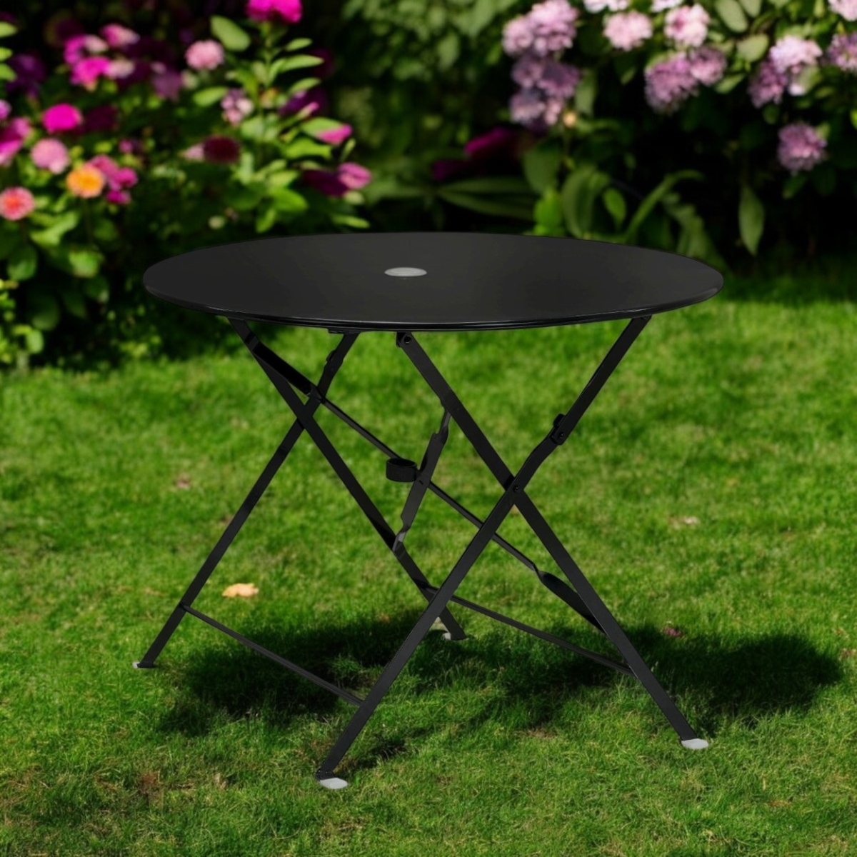 606431 36 in. Black Rounded Aluminum Folding Outdoor Dining Table with Umbrella Hole