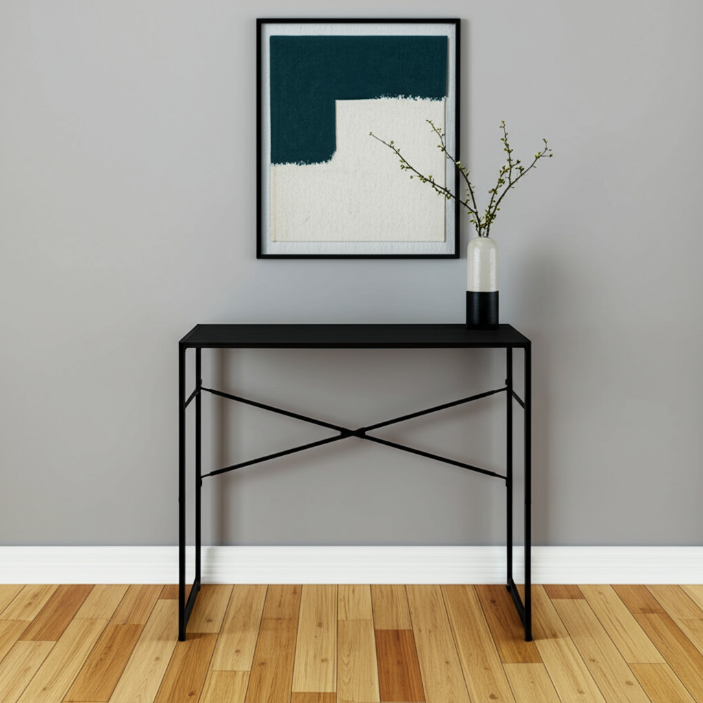 568040 39 in. Brown & Black Wood & Metal H-Shape Computer Desk