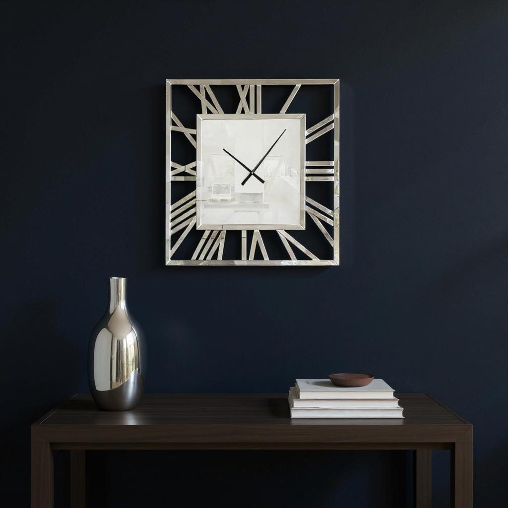 635643 27 in. Silver Mirrored Glass Silent Analog Square Wall Clock