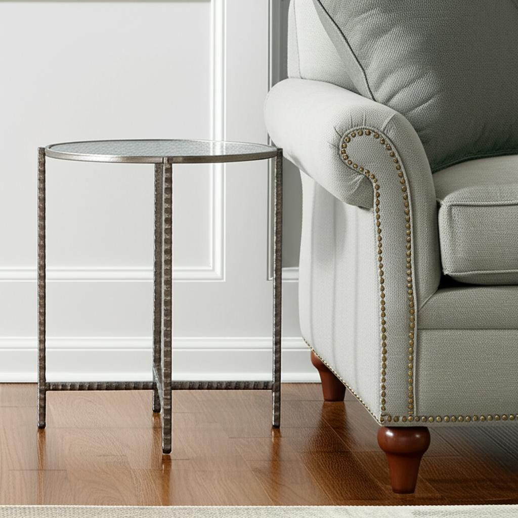 632661 22 in. Clear & Silver Glass & Distressed Steel Round End Table