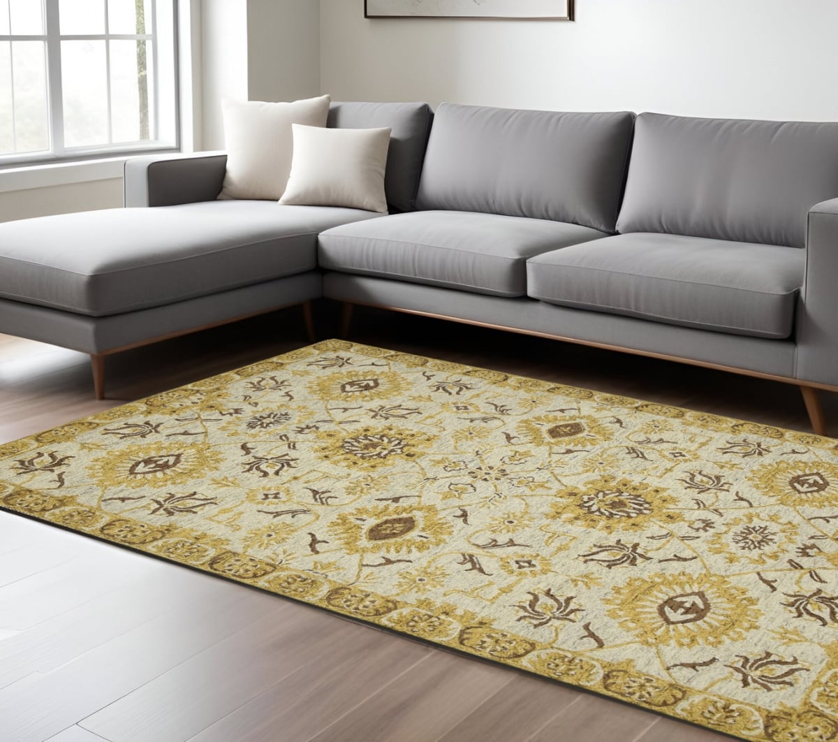 570402 9 x 13 ft. Gold Beige & Brown Wool Floral Medallion Hand Hooked Rectangle Area Rug