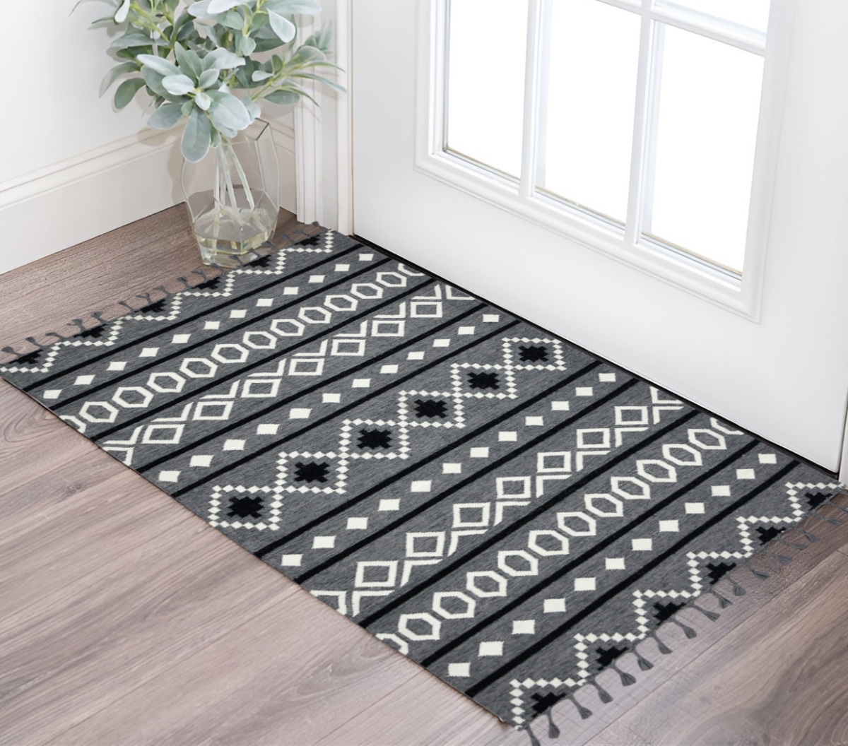 571157 2 x 3 ft. Gray White & Black Wool Tribal Flatweave Handmade Rectangle Area Rug with Fringe