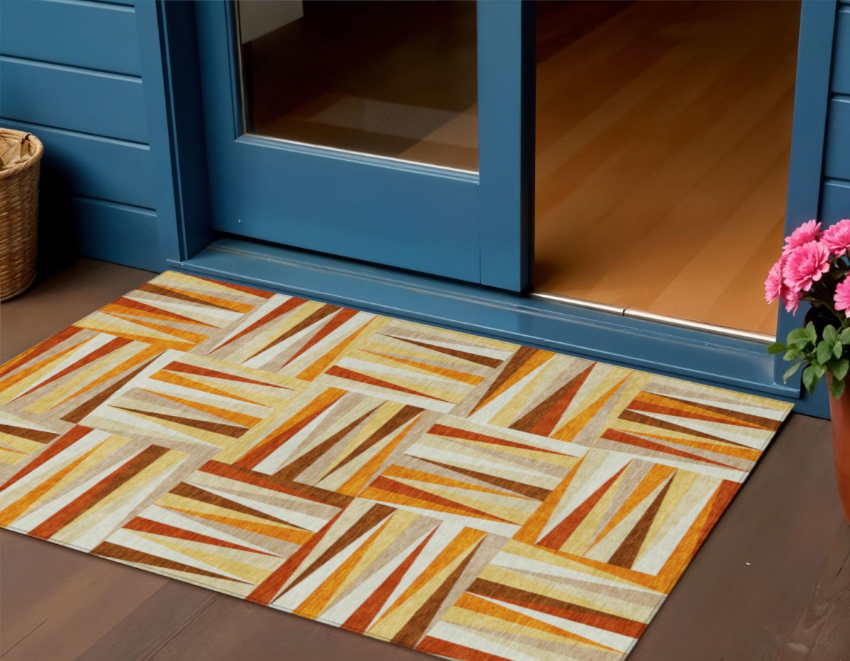 598286 3 x 5 ft. Orange Ivory & Copper Geometric Washable Indoor & Outdoor Rectangle Area Rug