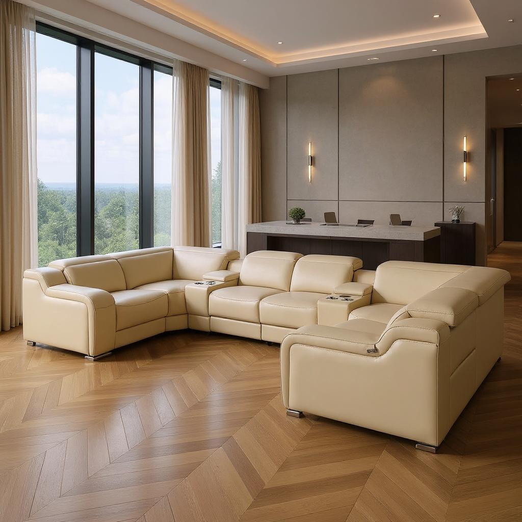 632568 Beige Italian Leather Power Reclining U Shaped Corner Sectional with Console - 39 x 161 x 85 in. - 8 Piece