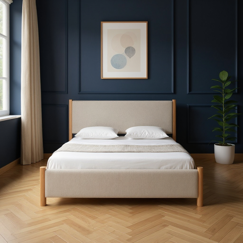 583187 Natural & Beige Wood & Upholstery King Bed Frame