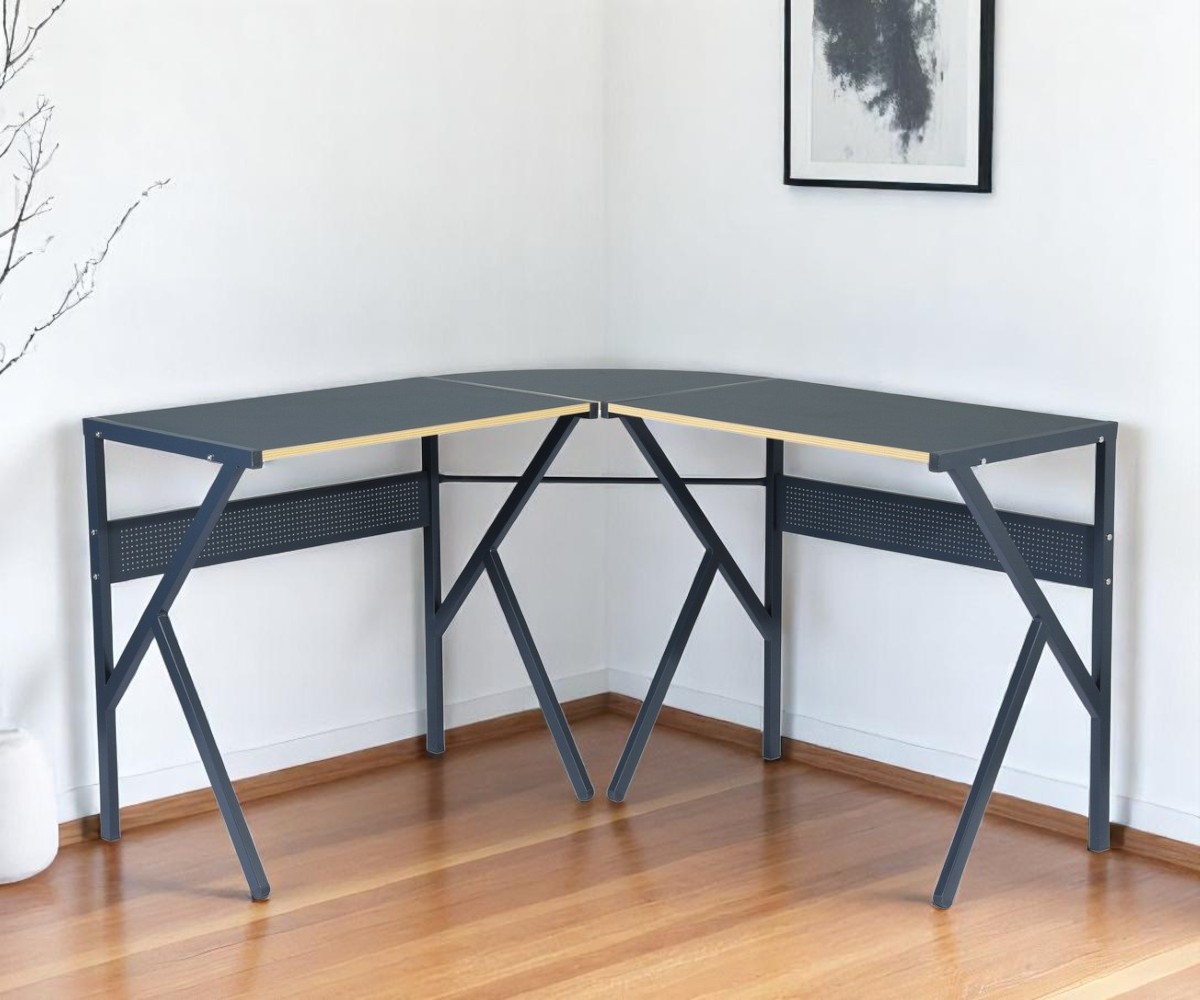 568031 49 in. Black Wood & Metal Corner H-Shape Computer Desk