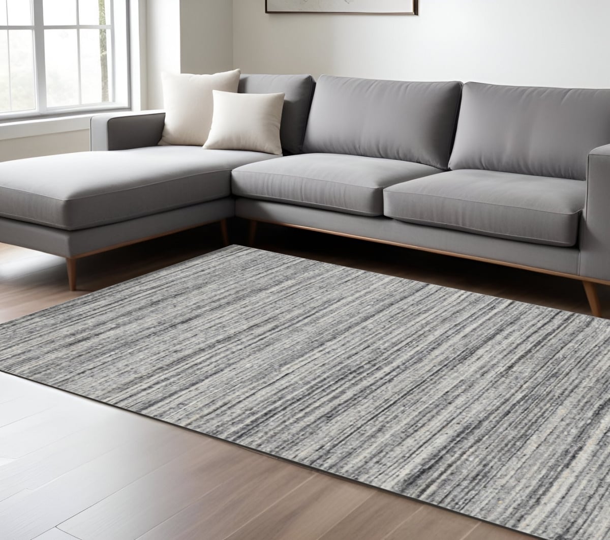 570259 12 x 15 ft. Ivory Gray & Black Wool Striped Hand Woven Rectangle Area Rug