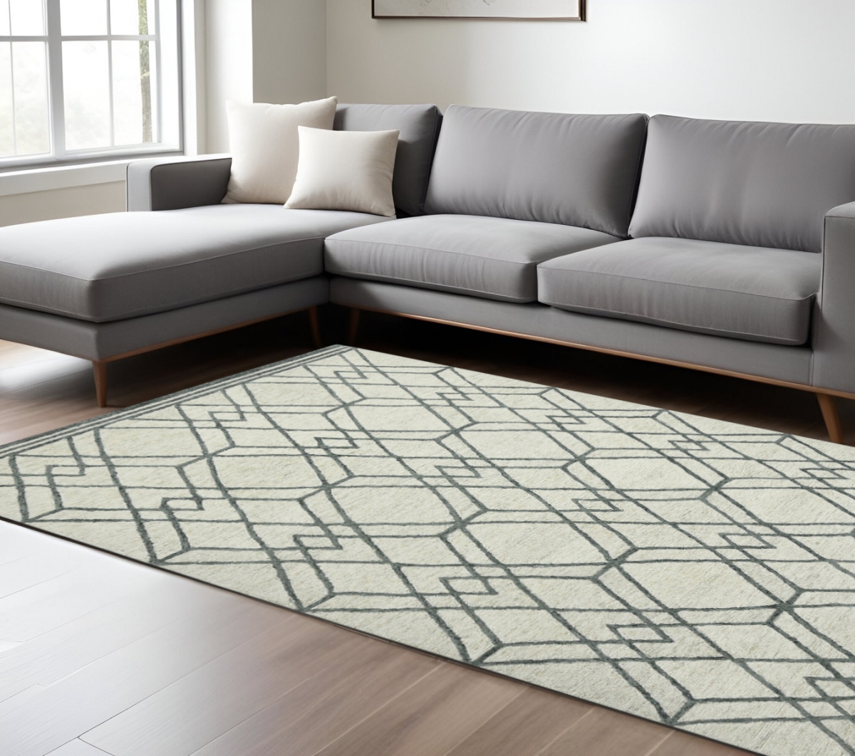 570434 9 x 13 ft. Ivory & Gray Wool Geometric Hand Hooked Rectangle Area Rug