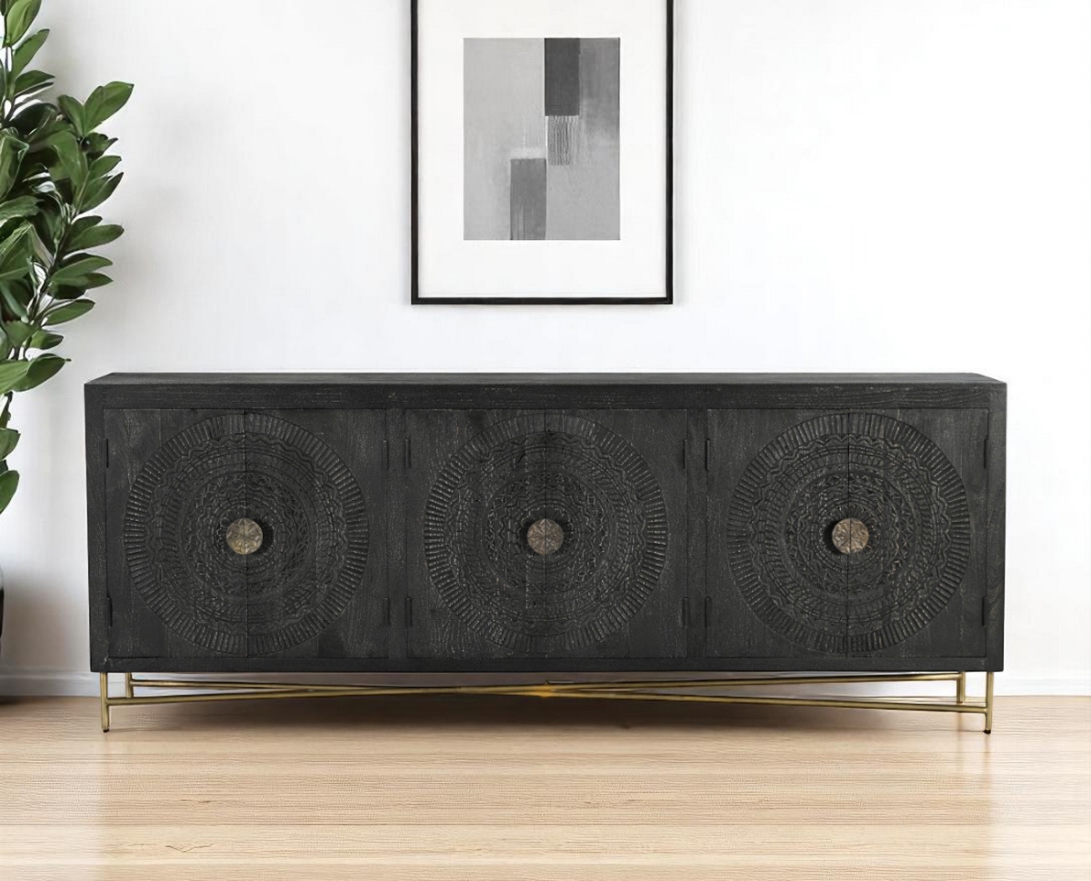 521424 95 in. Distressed Solid Wood Carved Geometric Sideboard with Six Doors - Black