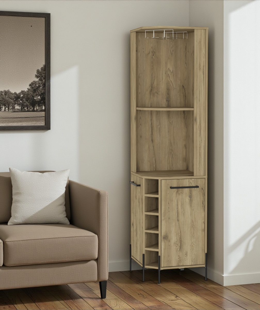 479765 71 in. Natural Wood Corner Bar Cabinet with 2 Doors