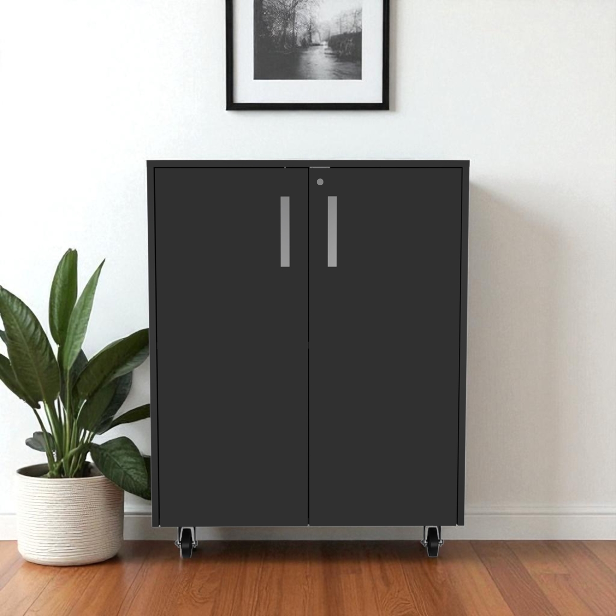 479950 35 in. Black Wood Rolling Storage Cabinet with 2 Doors