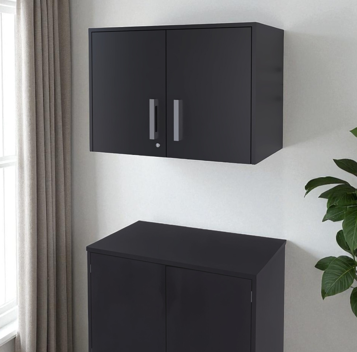 479987 20 in. Black Wood Wall Mounted Storage Cabinet with 2 Doors