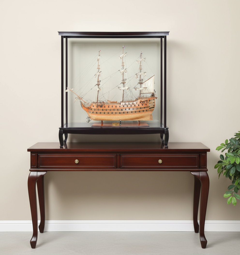 401841 75 in. Black & Light Brown Solid Wood HMS Victory Boat Tabletop Sculpture with Case
