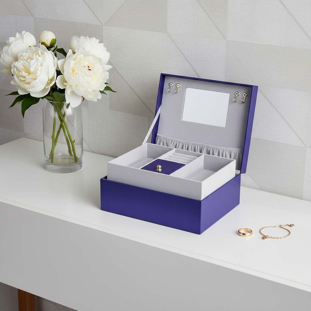 469227 10 in. Azure Faux Leather 6 Section Mirrored Jewelry Box with Leather Wraps