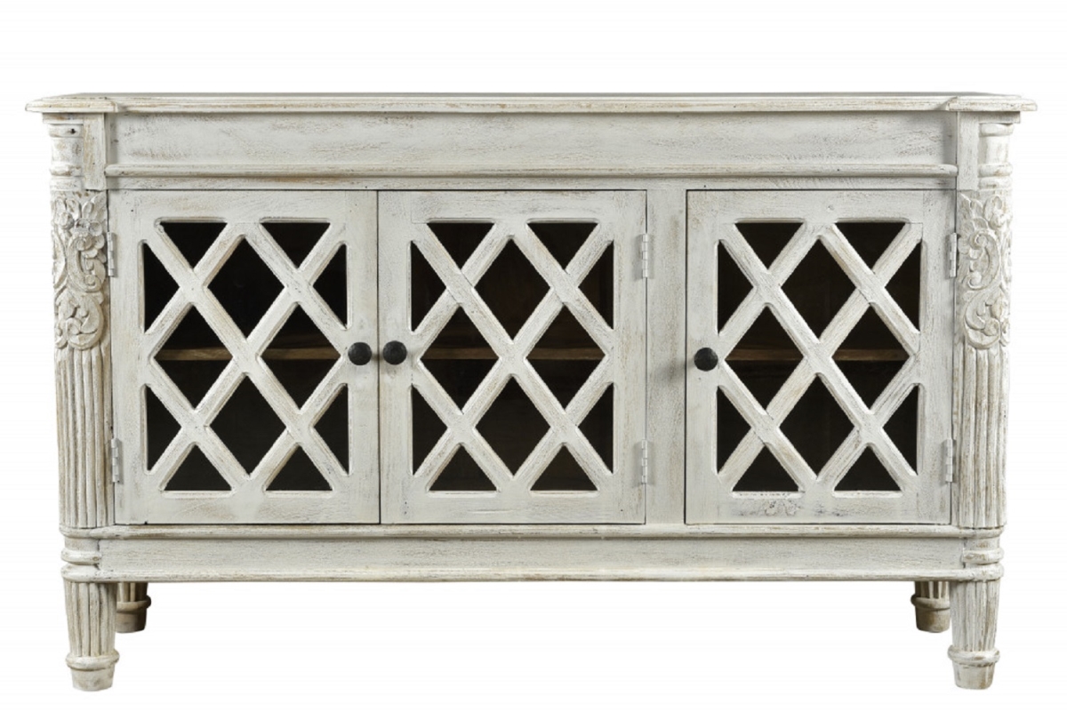 488487 36 x 58 x 17 in. White Distressed Solid Wood Carved Scrollwork Sideboard with 3 Glass Doors