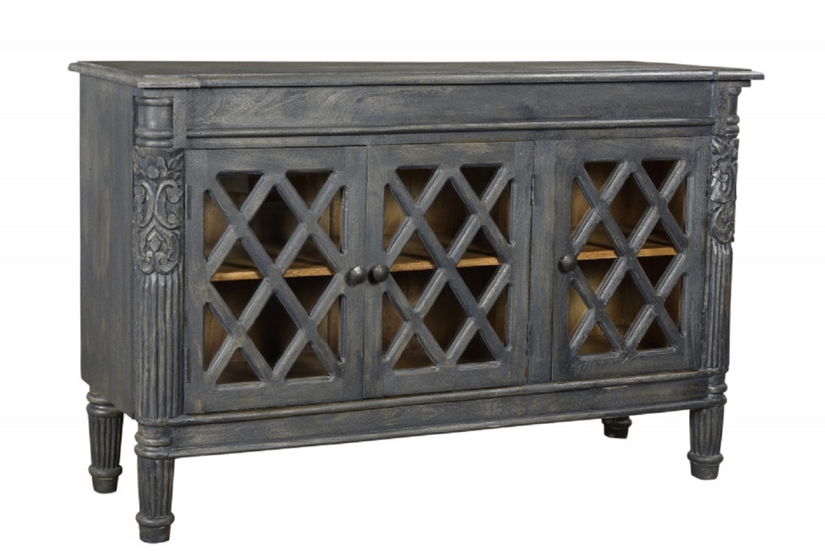 488488 36 x 58 x 17 in. Dark Gray Distressed Solid Wood Carved Scrollwork Sideboard with 3 Glass Doors