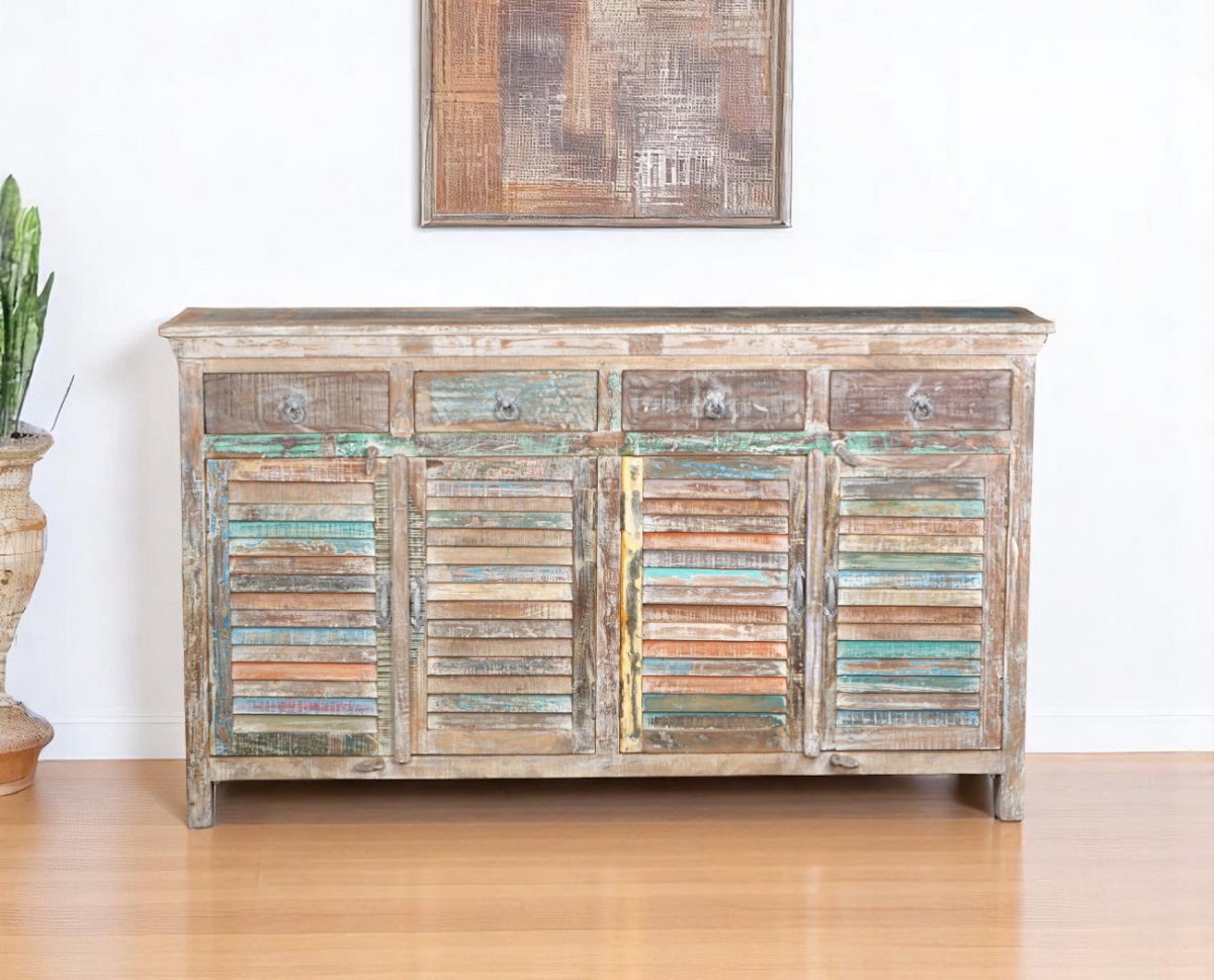 521391 72 in. Natural & Rainbow Reclaimed Wood Shutter Style Sideboard with Four Doors