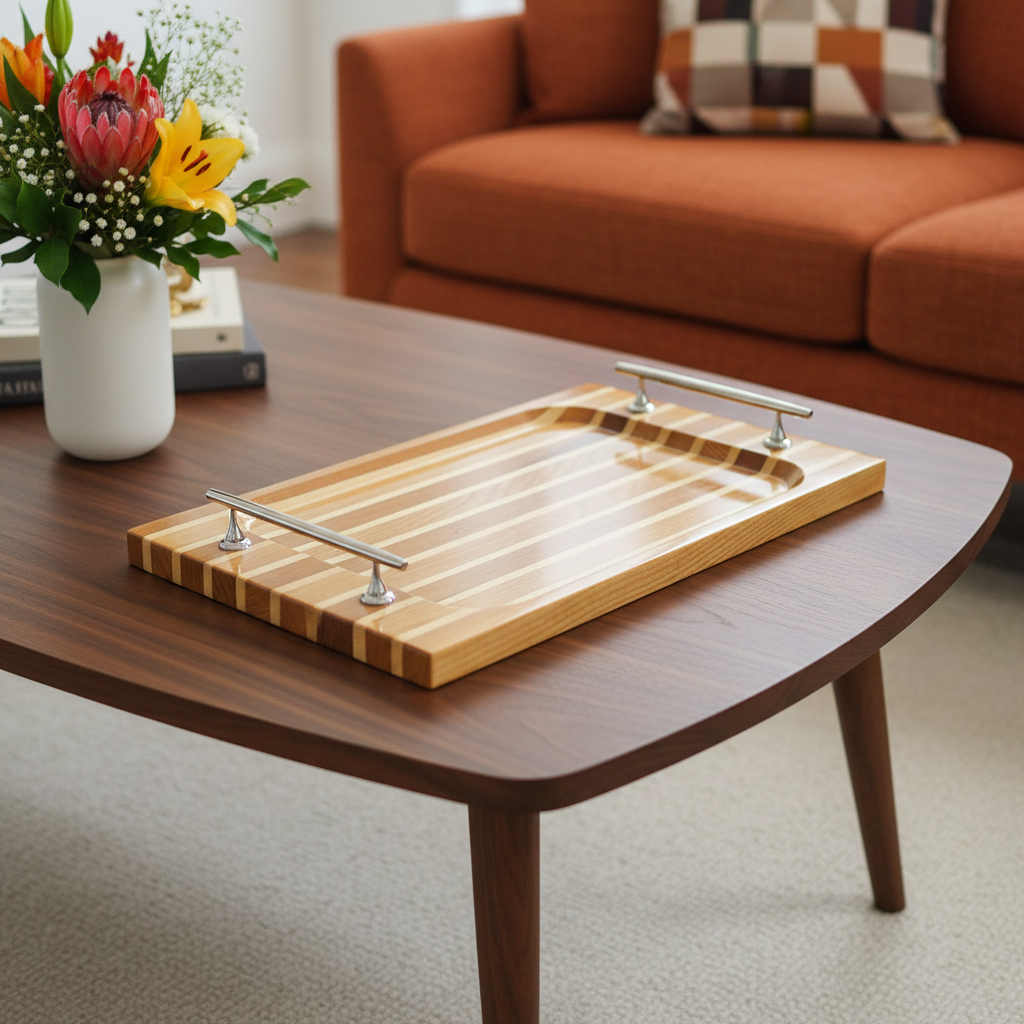 401834 15 in. Brown & Natural Solid Wood Striped Serving Tray with Handles