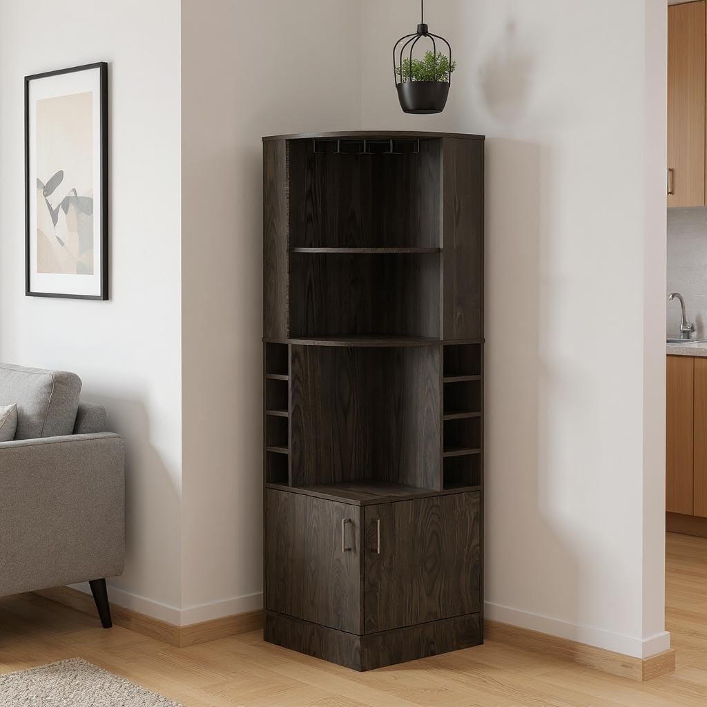 477754 71 in. Dark Brown Wood Corner Bar Cabinet with 2 Doors