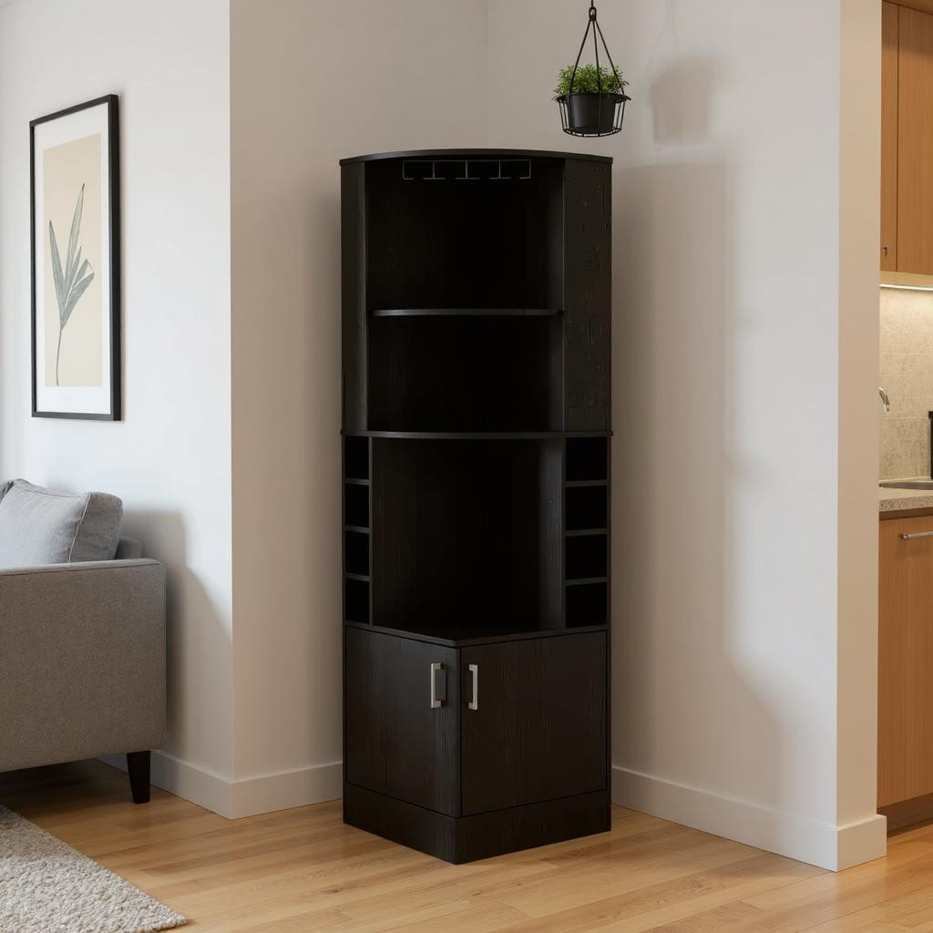 477753 71 in. Black Wood Corner Bar Cabinet with 2 Doors