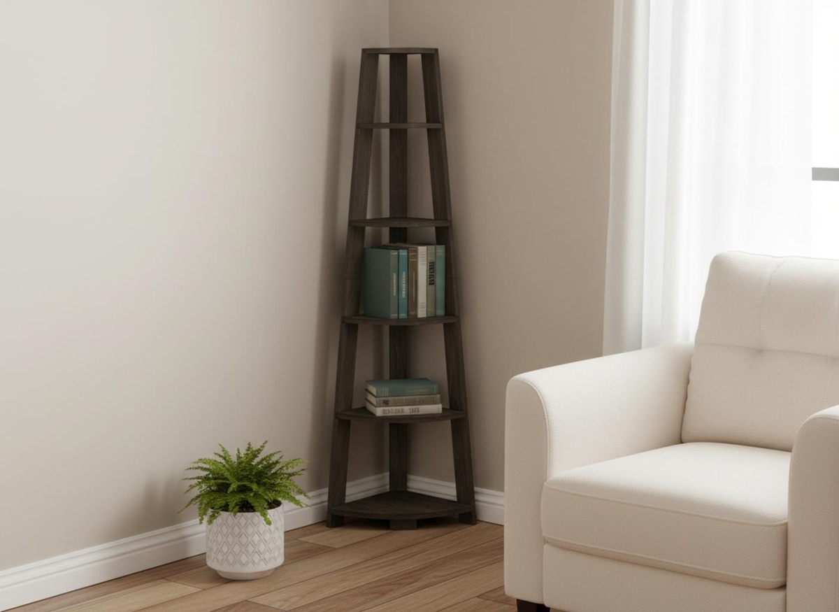 489811 71.25 x 22.50 x 15.50 in. Oak Particle Board & Wood 5-Tier Corner Bookcase
