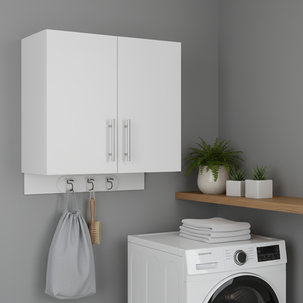 526163 26 in. White Wood Wall Mounted Utility Cabinet with 2 Doors