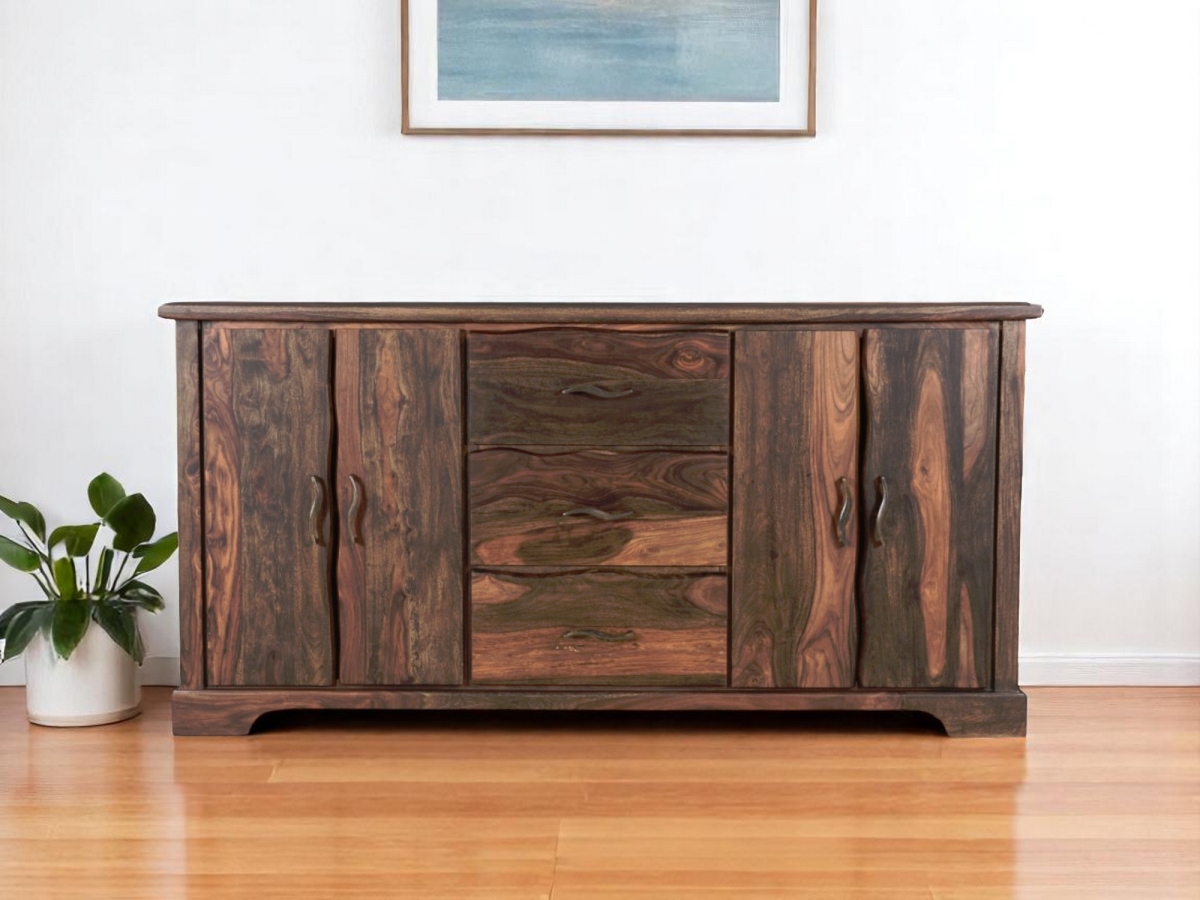 521371 36 x 72 x 16 in. Dark Brown Solid Wood Live Edge 3 Drawers Sideboard with 4 Doors