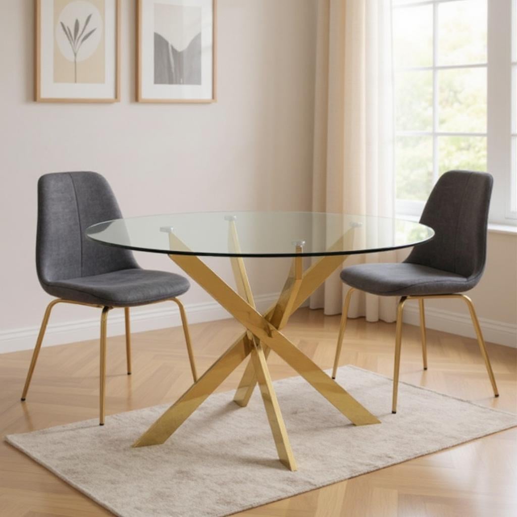 555138 30 x 54 x 54 in. Clear & Gold Glass & Metal Cross Leg Base Round Top Dining Table