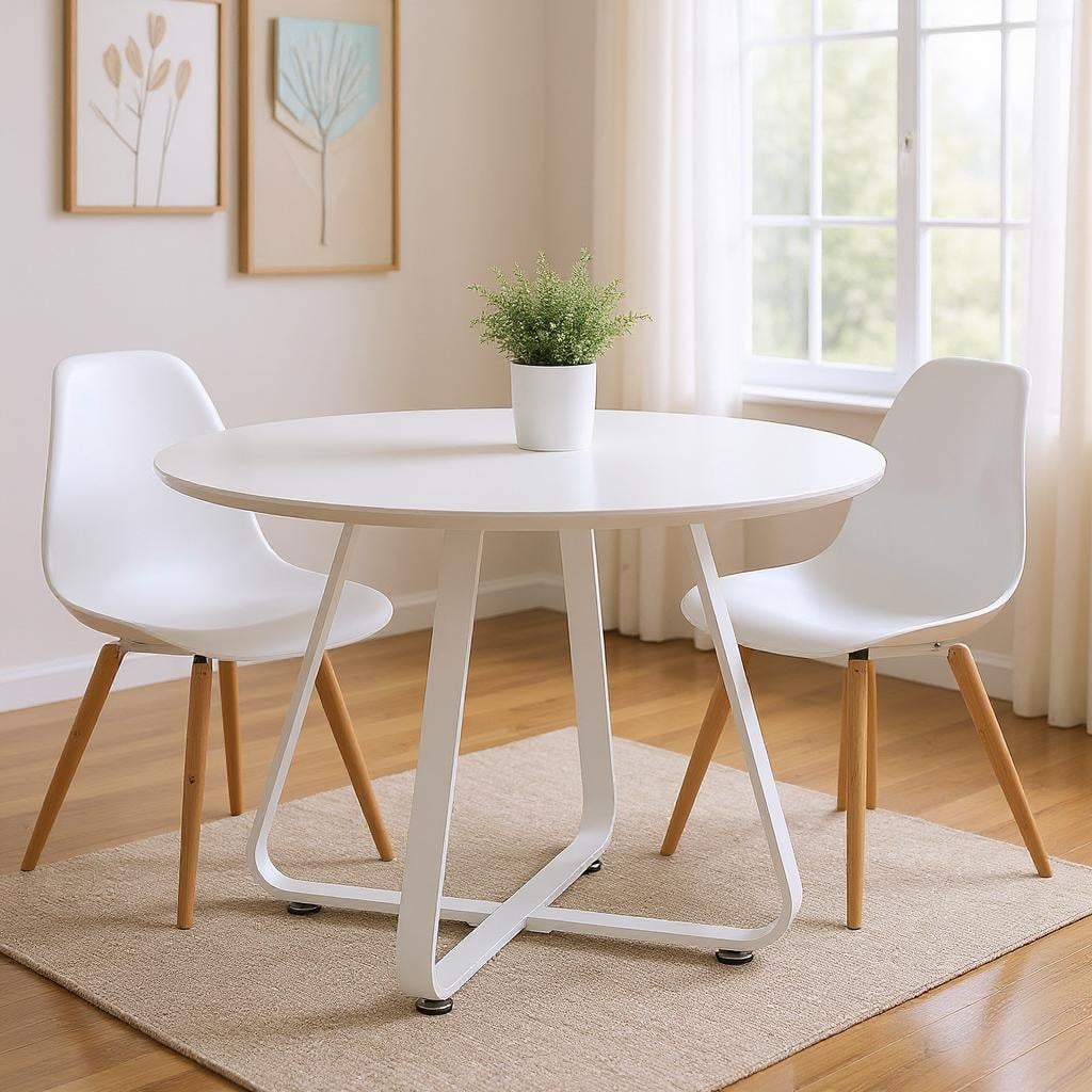 555143 30 x 43 x 43 in. White Wood & Metal Sled Base Round Top Dining Table