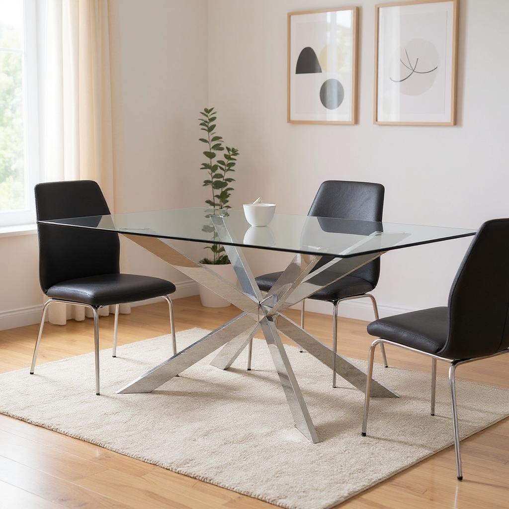 555141 30 x 72 x 42 in. Clear & Silver Glass & Metal Cross Leg Base Dining Table