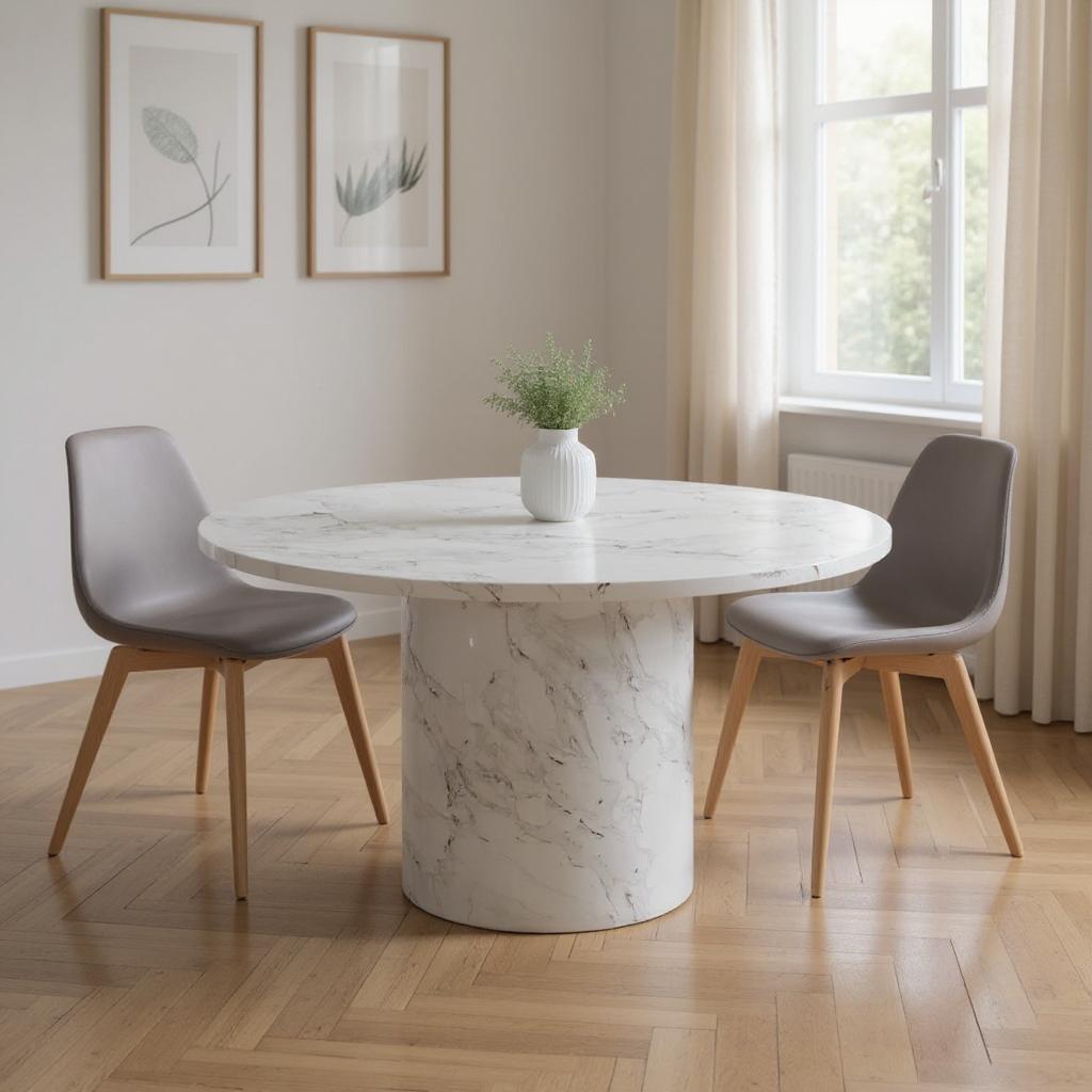555193 60 in. Round Marble Dining Table - Gray & White, Pedestal Base